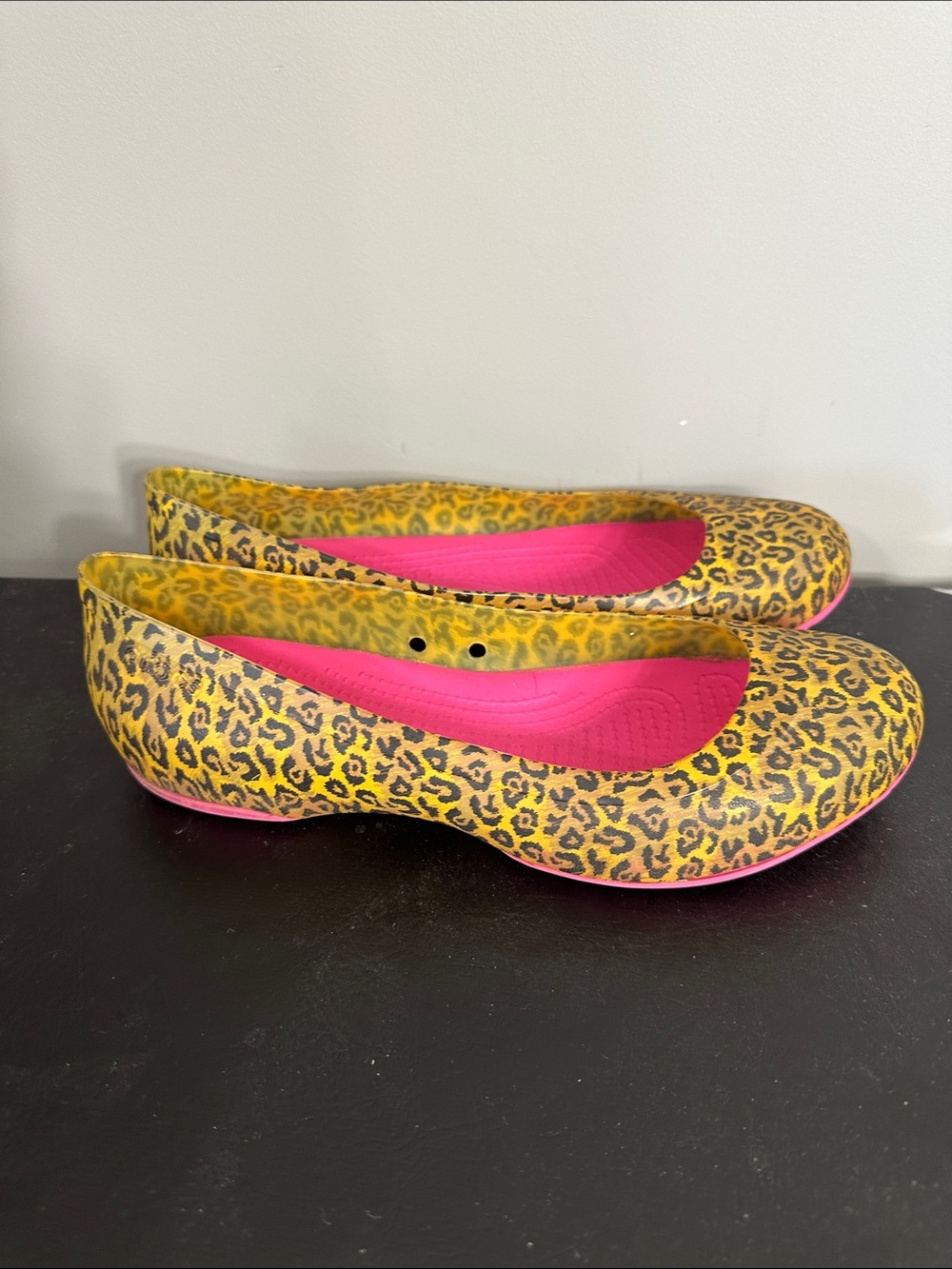 CROCS Yellow Leopard Print Flats with Pink Insole